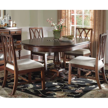 Five-Piece Round Single Pedestal Dining Table & Rectangular Back Dining Side Chairs Set